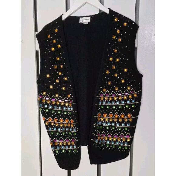 Carducci Sweaters - Carducci Lambswool Angora Blend Artsy Embellished Sequin Jewele Open Vest Small